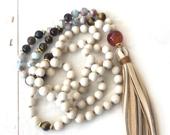 Mala For Security - Riverstone Mala Beads - Tiger Eye - Carnelian - African Opal - 108 Bead Mala - Hand Knotted - Leather Tassel Mala