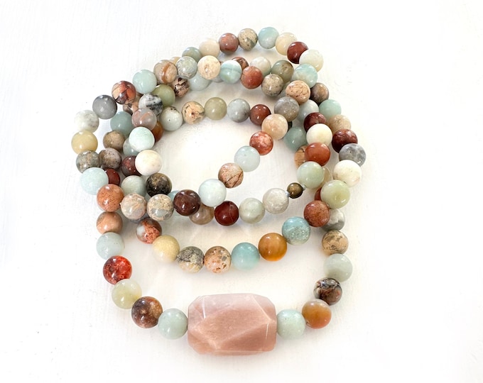 Mala For The Emotions - Mala Necklace - African Opal Jasper - Sunstone - Amazonite Mala - 108 Mala Beads - Knotted Mala