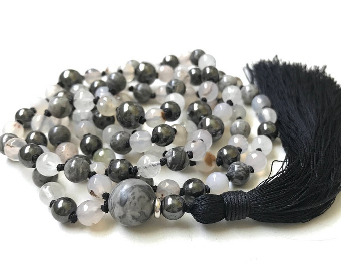 Mala For Clarity - 108 Bead Mala Necklace - Picasso Jasper Beads - Root Chakra Mala - Mantra Mala Beads - Agate & Hematite Beads