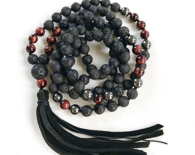 Root Chakra Mala - Black Lava Mala Beads - Red Tiger Eye Mala Necklace - Hematite Mala - Leather Tassel - Unisex Mala - Grounding Mala Beads