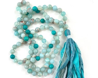 Throat Chakra Mala Beads - Vishuddha Mala Necklace - 108 Bead Mala - Communication - Expression - Amazonite - Agate - Turquoise - Jasper