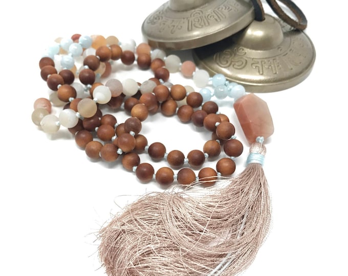 Mala For Stability - Druzy Agate Mala Beads - Aquamarine Beads - Sunstone And Fragrant Sandalwood Beads - Silk Tassel - 108 Mala Beads