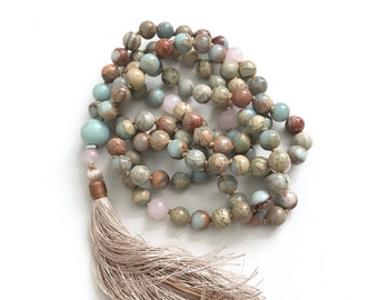 Balance The Chakras - African Opal & Rose Quartz Mala - 108 Bead Mala Necklace - Yoga Meditation Beads - Natural Healing Mala