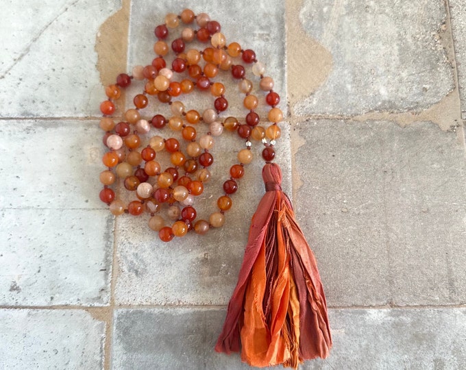 Sacral Chakra Mala Beads - Svadhisthana Mala Necklace - 108 Beads - Hand Knotted  - Carnelian - Aventurine - Moonstone - Sunstone