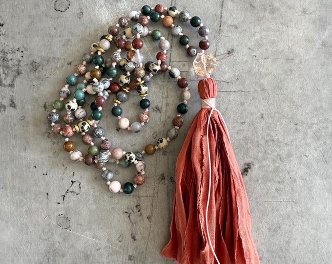 Mixed Jasper Mala Bead Necklace - Mala For Calm & Clarity - Unique Hand Knotted Mala - Sari Silk Tassel - Mala For Meditation Practice
