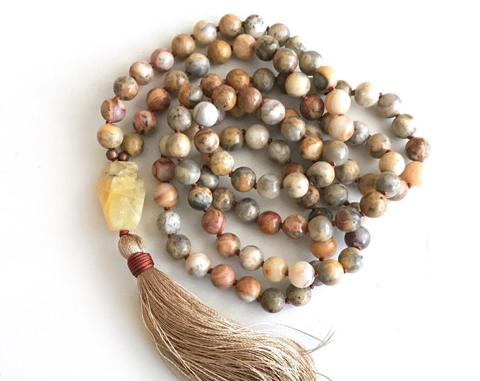 Mala For Joy - Yellow Opal Mala Necklace - 108 Mala Beads - Crazy Lace Agate - Sari Silk Tassel - Meditation Mala Beads