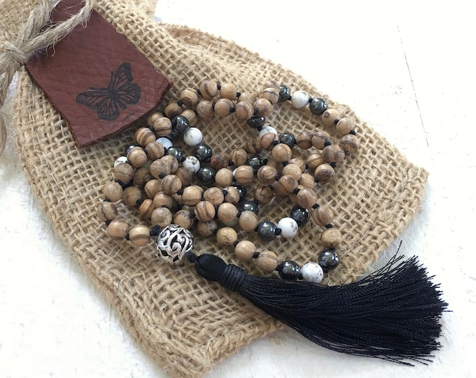 Natural Wood Mala - Agar Wood Mala Necklace - Howlite & Hematite Accent Beads - Tassel Mala - Natural Mala Necklace - 108 beads - Wood Mala