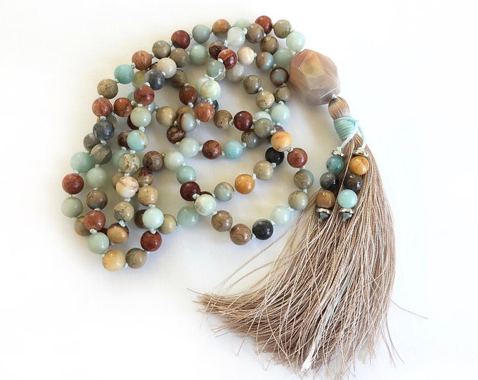 Positive Outlook Mala - African Opal Mala Necklace - Amazonite Mala - Orange Moonstone Guru Bead - 108 Mala Beads - Meditation Mala