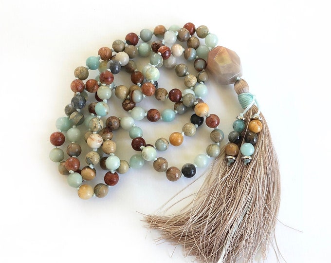 Positive Outlook Mala - African Opal Mala Necklace - Amazonite Mala - Orange Moonstone Guru Bead - 108 Mala Beads - Meditation Mala