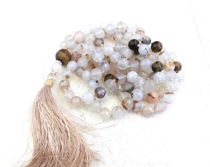 Mala For Balance - Tiger Eye Mala Necklace - Creamy White Agate Beads - 108 Mala Bead - Solar Plexus Mala - Meditation Mala