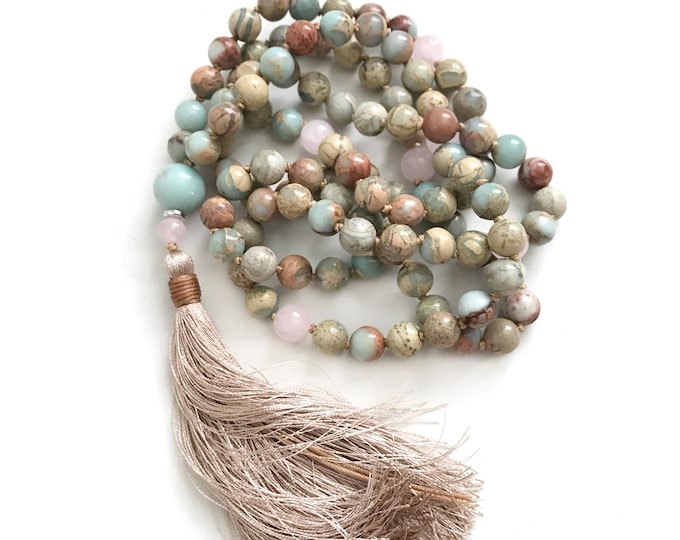 Mala For Compassion & Balance: African Opal Mala Beads - Rose Quartz - Sari Silk Tassel - 108 Bead Mala Necklace - Hand Knotted