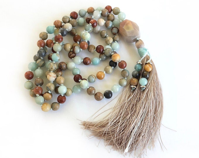 Positive Outlook Mala Beads - Mixed Gemstone Mala Necklace - Earthy Grounding Mala Beads - Knotted By Hand - Handmade Tassel - 108 Beads