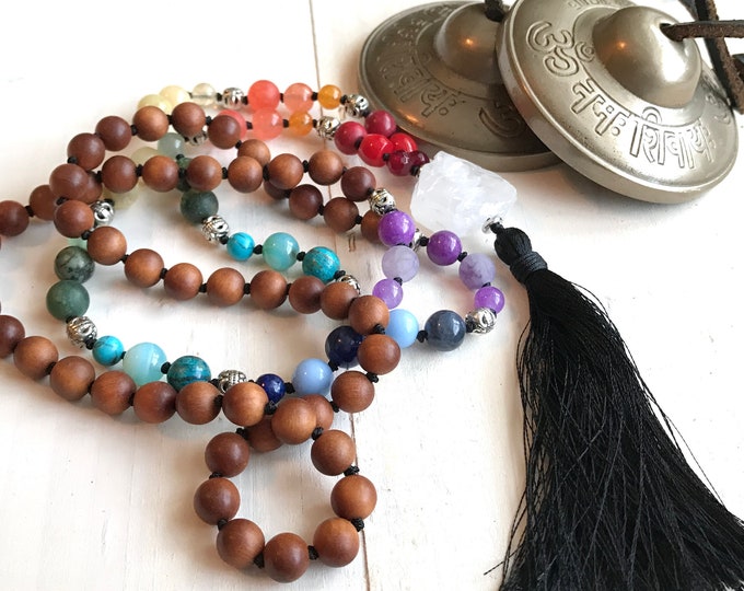 Balance The Chakras Mala Beads - Sandalwood & Mixed Gemstones Beads - 108 Bead Chakra Mala - Unisex Mala Necklace - Colorful Mala Beads