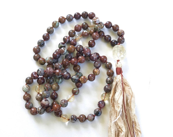 Strength And Healing Mala - African Opal Brown & Green - Citrine Guru Bead - 108 Mala Beads - Hand Knotted - Sari Silk Tassel