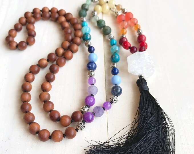 Balance The Chakras Mala Beads - Sandalwood Mala Necklace - Seven Chakra Colors - 108 Bead Mala - Wood & Stone Mala - Meditation Mala