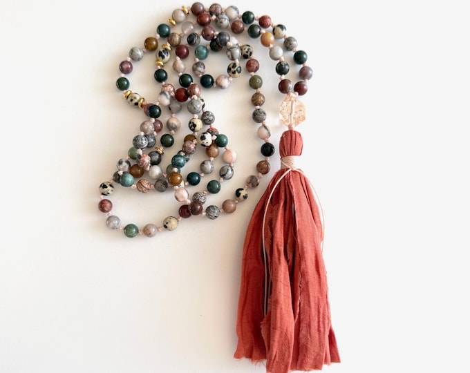 Mixed Jasper Mala Bead Necklace: Sari Silk Tassel, Hand knotted 108 Beads