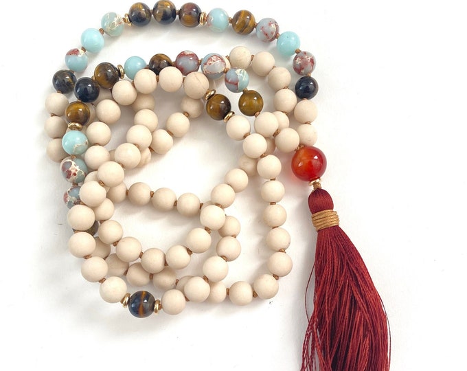 Mala For Security - Riverstone Mala Beads - Tiger Eye - Carnelian - African Opal - 108 Bead Mala - Hand Knotted - Choose Your Tassel