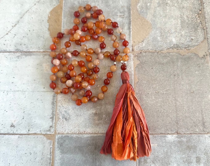 Sacral Chakra Mala Beads, Hand Knotted 108 Beads, Carnelian, Moonstone, Sunstone