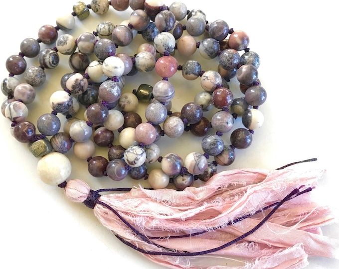 Calm & Stability Mala Beads - Porcelain Jasper Mala Necklace - 108 Beads Mala - Natural Healing - Sari Silk Tassel - Japa Mala