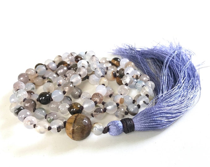 Peace And Harmony Mala Beads - Creamy Agate Mala Necklace - Tiger Eye Guru Bead - Silk Tassel - 108 Bead Mala - Mala For Meditation Practice