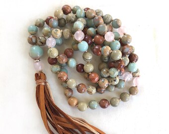 Ease Emotional Stress  Mala Beads - African Opal Mala Beads Necklace - Rose Quartz Beads - 108 Mala Beads - Silk Tassel - Meditation Mala