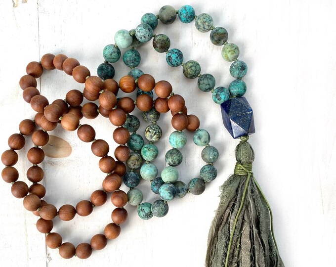 Stay Present Mala - African Turquoise Mala Necklace  - Sandalwood Mala - Lapis Lazuli Guru Bead - Sari Silk Tassel - Fragrant Wood Beads