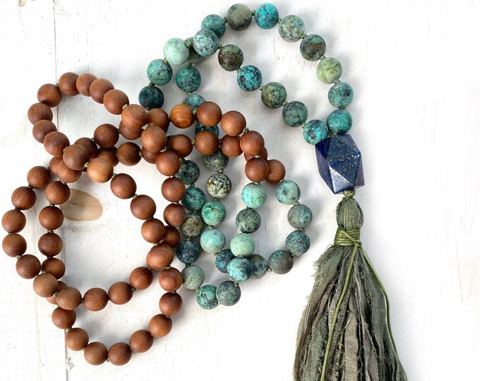Stay Present Mala - African Turquoise Mala Necklace  - Sandalwood Mala - Lapis Lazuli Guru Bead - Sari Silk Tassel - Fragrant Wood Beads