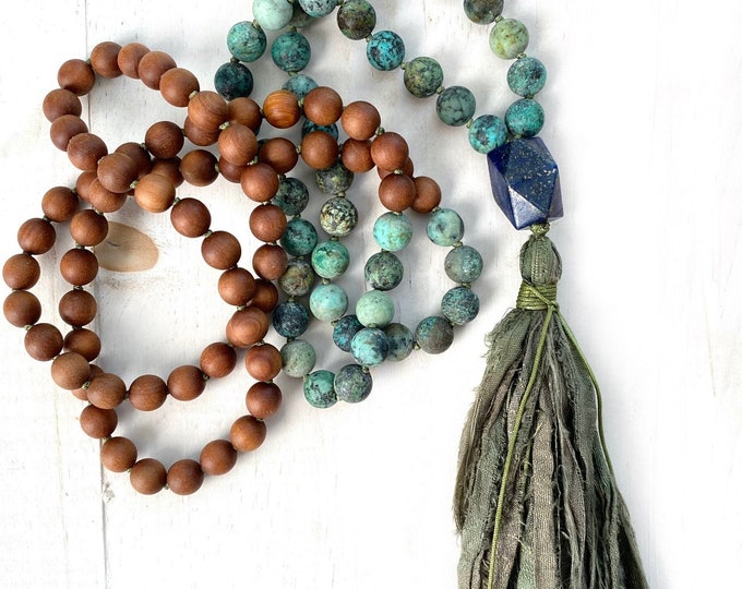 African Turquoise Mala Necklace  - Stay Present Mala Beads - Sandalwood Mala - Lapis Lazuli Guru Bead - Fragrant Wood Beads