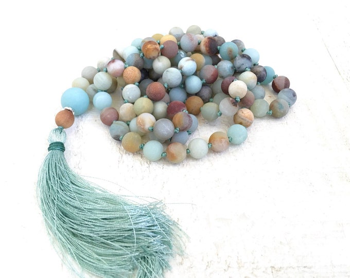 Release Your Worries - Mala Beads - Mala Bead 108 - Amazonite Mala Beads - Sandalwood - Silk Tassel Mala - Hand Knotted - Meditation Mala