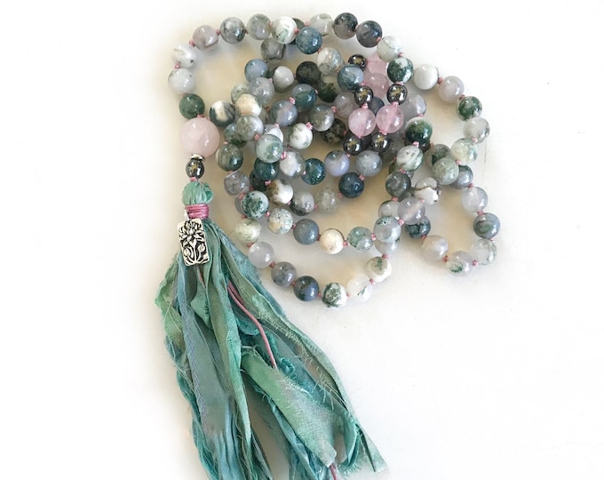 Ease Emotional Stress  Mala Beads - Tree Agate & Rose Quartz Mala Necklace - 108 Mala Beads - Yoga Prayer Beads - Lotus Flower Charm