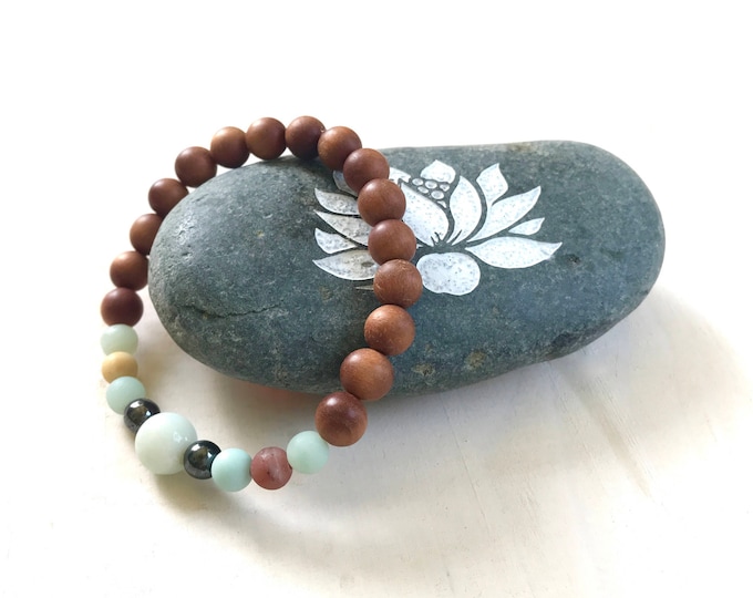 Sandalwood and Amazonite Mala Bracelet, Bracelet With Matching Mala Beads, Yoga Jewelry, Bohemian Style Jewelry, Festival Jewelry