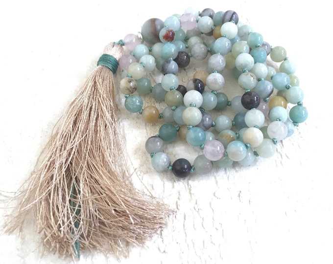 Calming Mala Beads - Amazonite and Rose Quartz Mala Necklace - 108 Bead Mala - Hand Knotted - Mala For Meditation Practice - Yogi Gifts