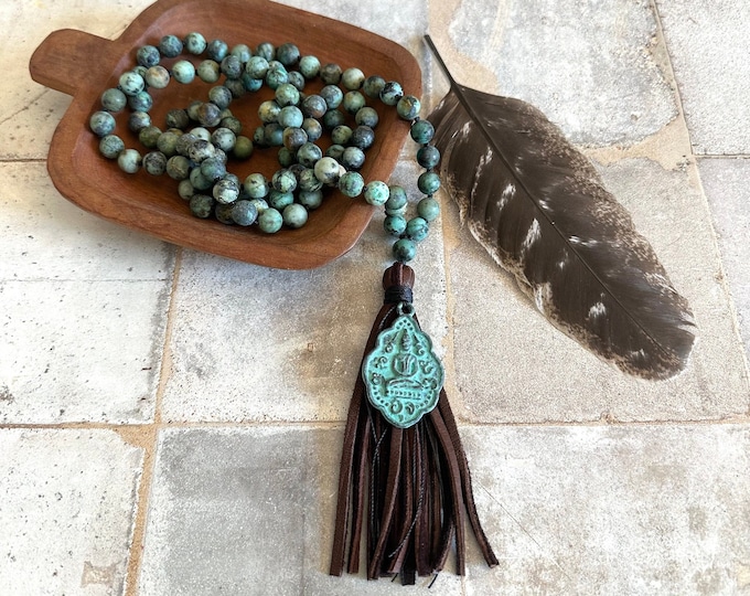 Mala For Growth - African Turquoise Mala Beads - Tassel Mala Necklace - Buddha Pendant - 108 Bead Mala - Meditation Beads - Knotted Mala
