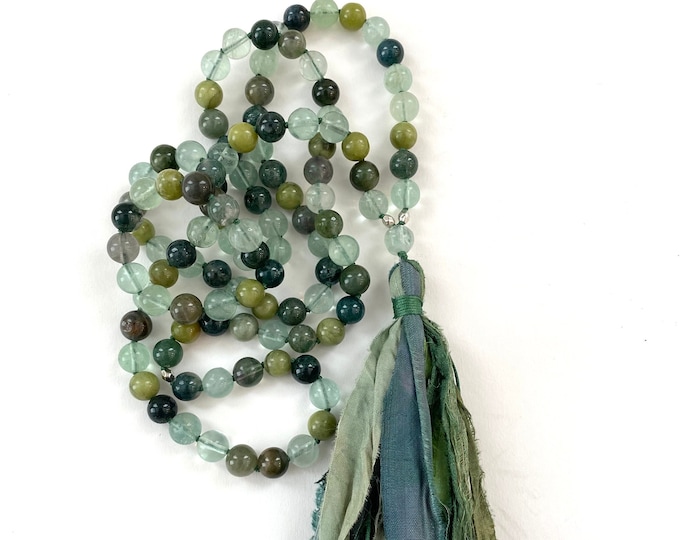 Heart Chakra Mala Beads - Anahata Mala Necklace - Chakra Healing - 108 Beads - Hand Knotted - Moss Agate - Fluorite - Jade - Bloodstone