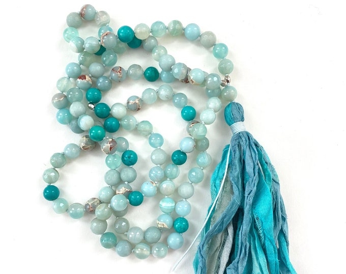 Throat Chakra Mala Beads - Vishuddha Mala Necklace - 108 Bead Mala - Communication - Expression - Amazonite - Agate - Turquoise - Jasper