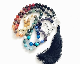 Unify & Connect Mala Bead Necklace - 7 Chakra Mala Beads - Mala With Silk Tassel - Mala With Knots - Mixed Natural Stone Mala Beads