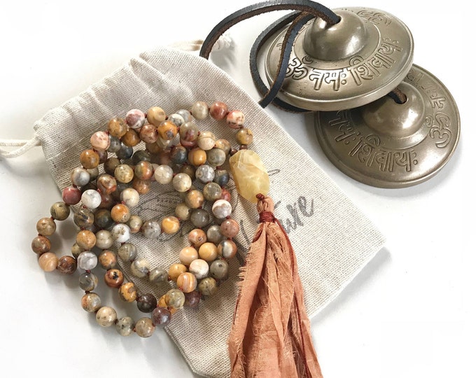 Mala For Joy - Yellow Opal Mala Necklace - 108 Mala Beads - Crazy Lace Agate - Sari Silk Tassel - Meditation Mala Beads