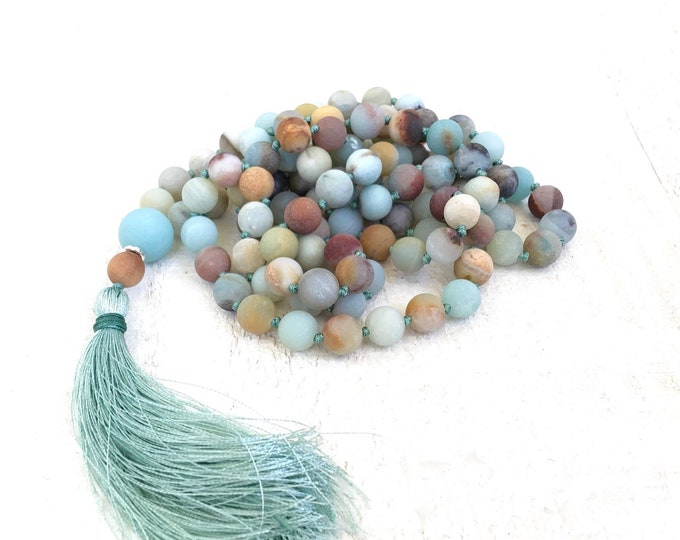 Release Your Worries - Mala Beads - Mala Bead 108 - Amazonite Mala Beads - Sandalwood - Silk Tassel Mala - Hand Knotted - Meditation Mala