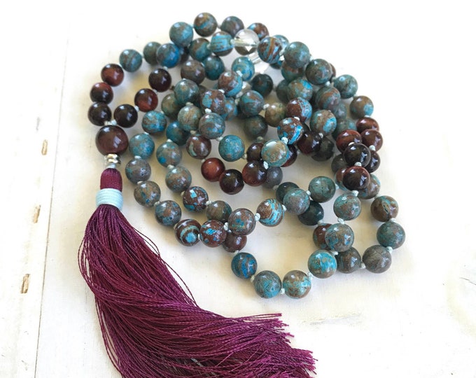 Balance The Emotions - Mala Beads - Blue Sky Jasper Mala Necklace - Clear Quartz And Red Tiger Eye - 108 Mala Beads - Silk Tassel