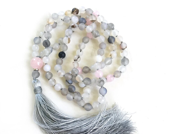 Release And Heal Mala Beads - Wind Shadow Agate Mala Necklace - Rose Quartz - 108 Bead Mala - Hand Knotted - Mantra Mala Beads - Silk Tassel