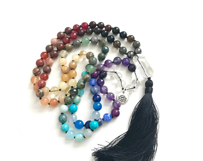 Balace The Chakras - Mala Beads - Chakra Healing Mala Necklace - 108 Beaded Mala  - Silk Tassel - Prayer Beads