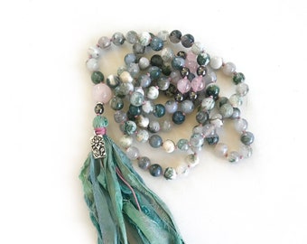 Ease Emotional Stress  Mala Beads - Tree Agate & Rose Quartz Mala Necklace - 108 Mala Beads - Yoga Prayer Beads - Lotus Flower Charm