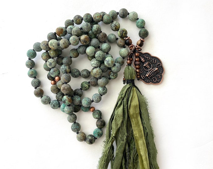 Develop A Positive Outlook Mala Necklace - Removable Tassel Mala Beads - 108 Mala Beads - African Turquoise - Seated Buddha Pendant