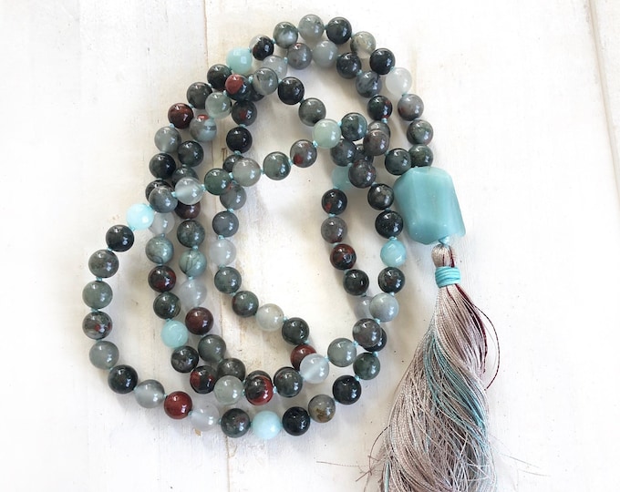 Mala For Courage - Bloodstone Mala Necklace - Root Chakra Mala - Amazonite Guru Bead - 108 Mala Beads - Hand Knotted - Silk Tassel