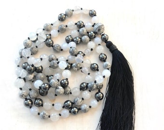 Mala For Clarity - 108 bead Mala Necklace - Aqate - Hematite - Picasso Jasper Beads - Root Chakra Mala - Mantra  Mala