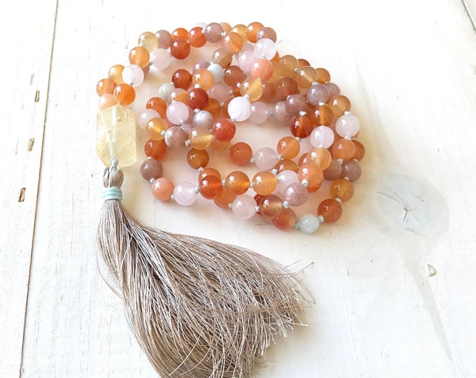 Sacral Chakra Mala - Citrine Mala Necklace - Aquamarine Beads - Sunstone and Rose Quartz Beads - 108 Beads Mala - Silk Tassel