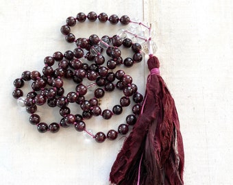 Overcome Your Fears Mala Beads - Garnet Mala Necklace - Clear Quartz  - Root Chakra Mala - 108 Mala Beads - Mala For Joy And Hope