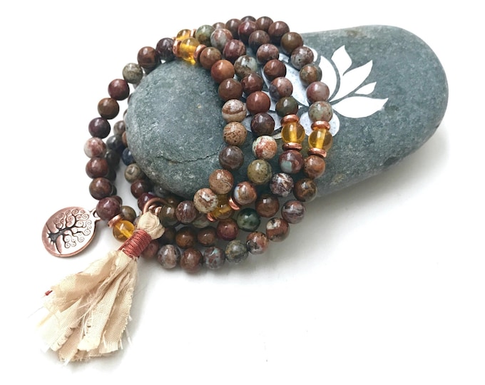 Mala For Change - Stretch Mala Beads - Brown & Green African Opal Mala Beads - Citrine Mala -  108 Bead Wrist Wrap Mala