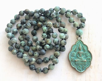 Positive Change Mala - African Turquoise Mala Necklace - 108 Bead Knotted Mala - Buddha Mala - Yoga Meditation Beads - Seated Buddha Pendant
