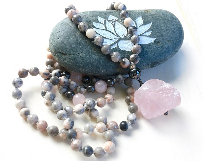 Rose Quartz Mala Beads, Mala Necklace for Balance & grounding, Pink Zebra Jasper Mala , Yoga Meditation Beads, 108 Bead Mala, Hand Knotted